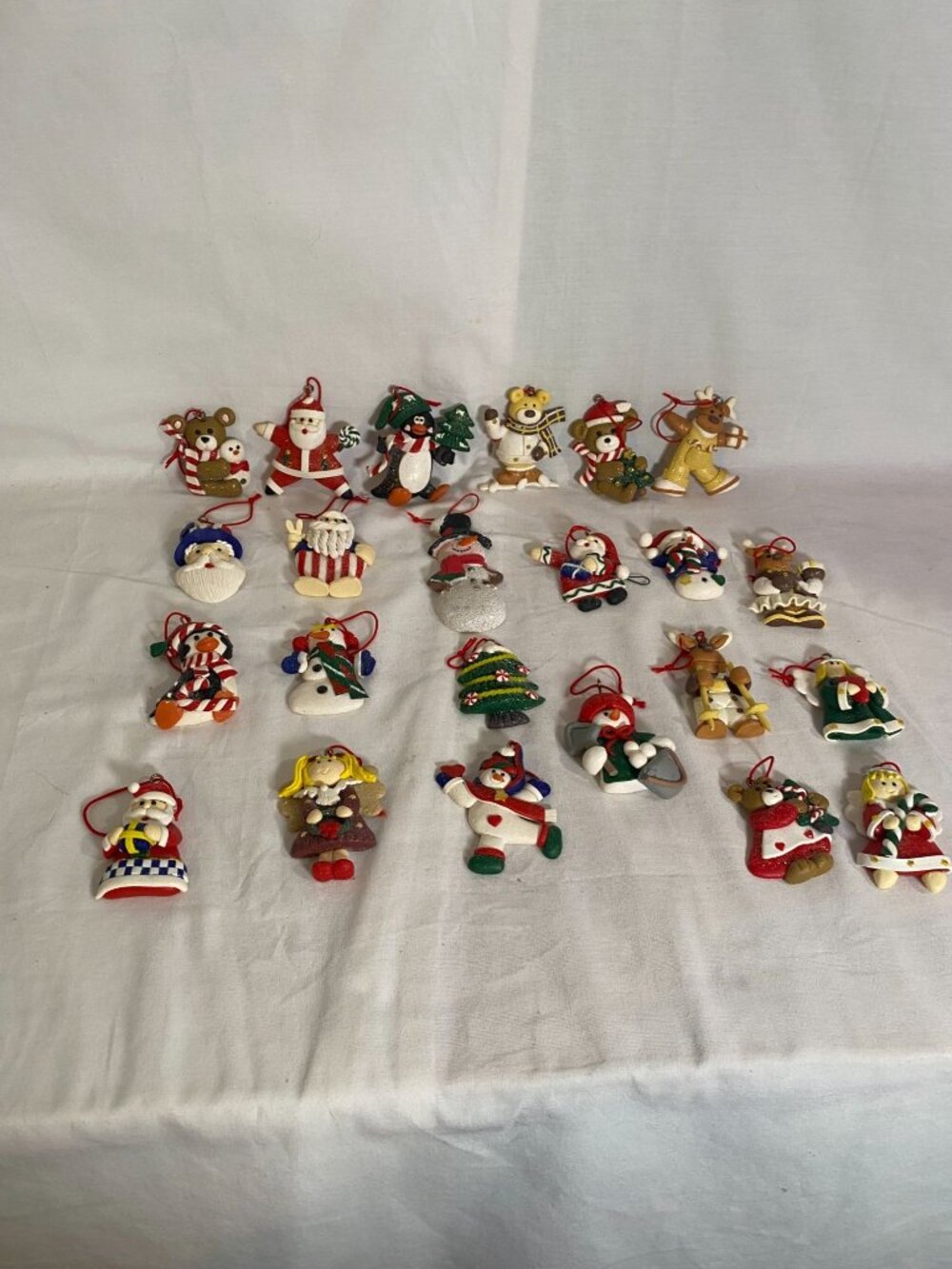 Christmas Set of 13 Mini Hanging Ornaments, Santa, Snowman, with red string